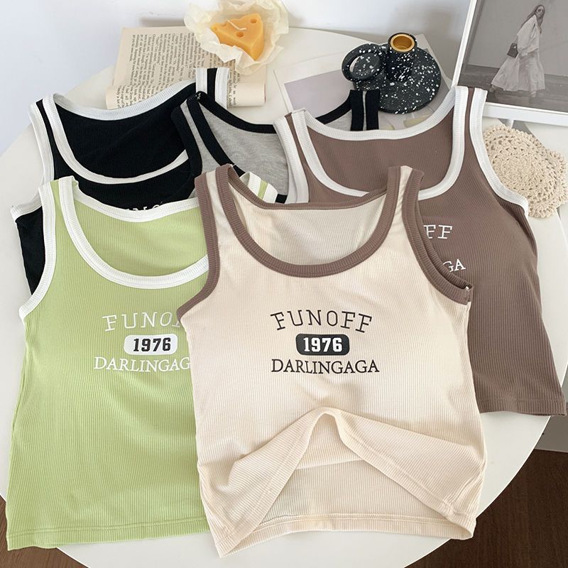 纯欲撞色字母运动吊带背心女内搭带胸垫打底美背内衣外穿无袖上衣