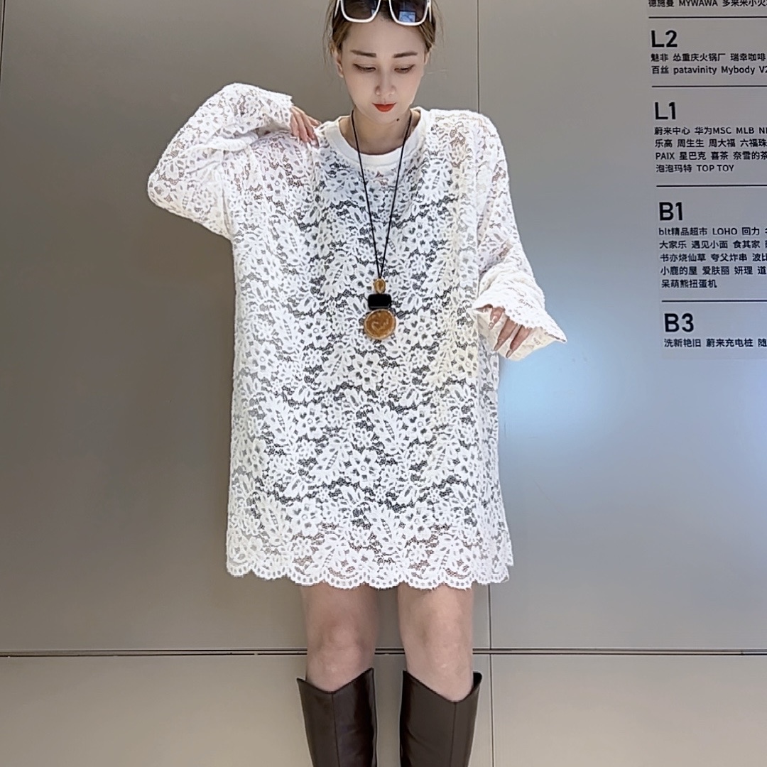 【艾艾232】超洋气秋冬长袖蕾丝衫时尚版型镂空打底显瘦中长款上衣