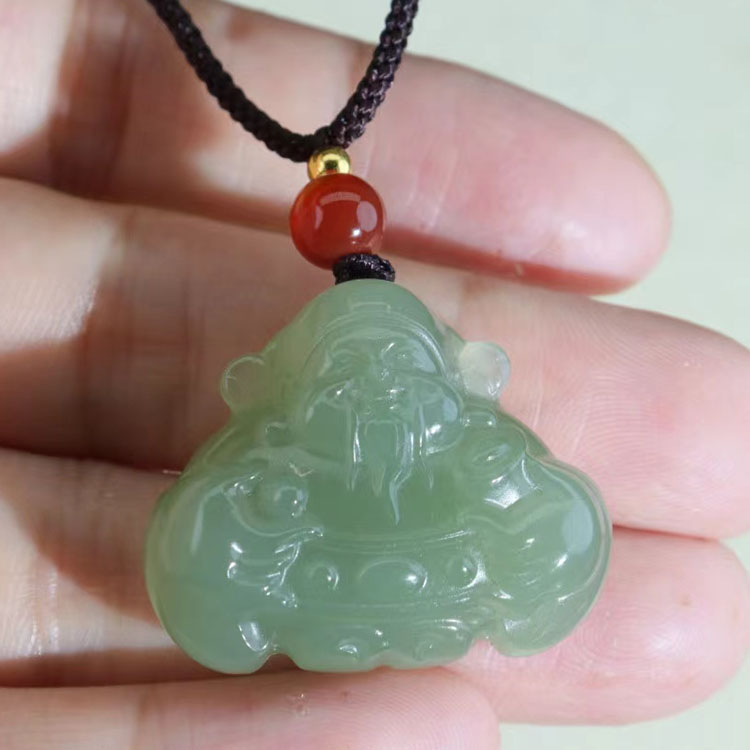 和田玉晴水双面雕刻湖水绿财神项链玉佩吊坠男女款山流水玉坠挂件