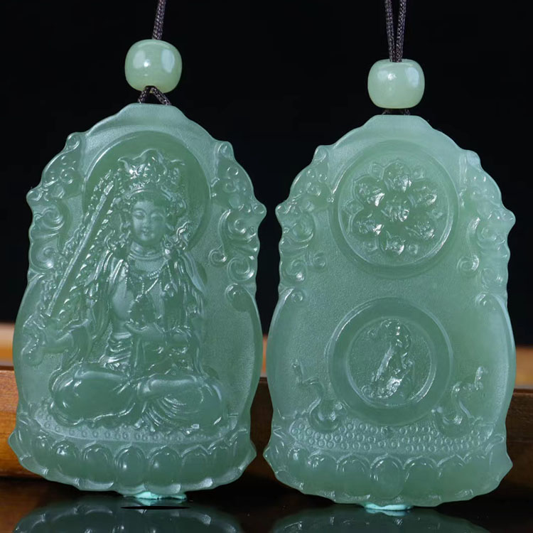双面新款和田女款六真玉生肖本命佛吊坠男士湖水绿字言玉佩玉牌