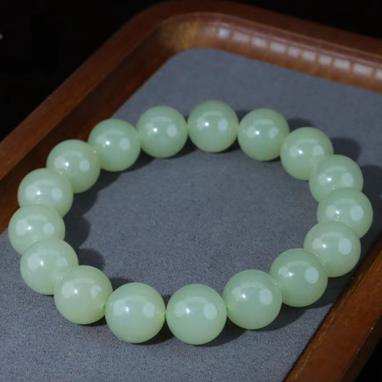 天然和田玉手串男女款浅青色12毫米晴水手串手链圆珠手链附证书