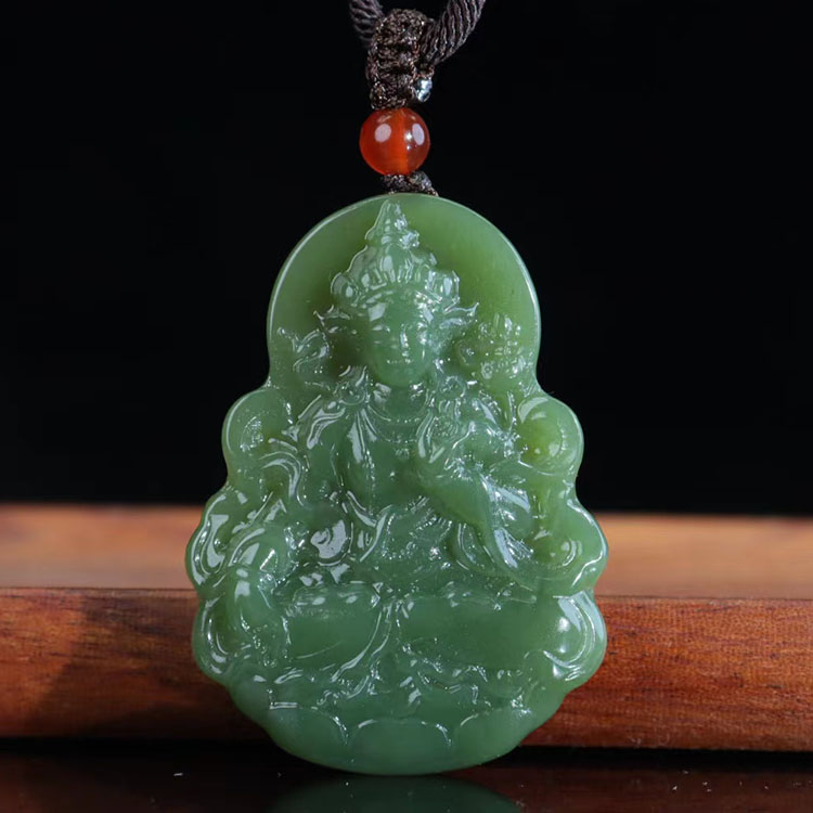 天然和田玉青黄口六子真言度母观音吊坠男士佩戴玉石挂件双面雕刻