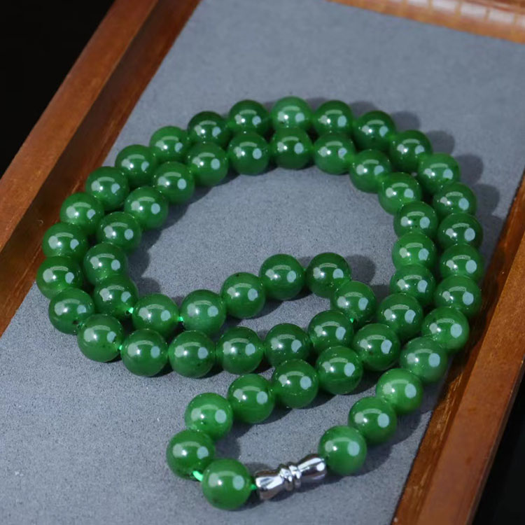 天然和田玉碧玉菠菜绿8毫米妈妈链项链老坑碧玉俄料碧玉送妈妈