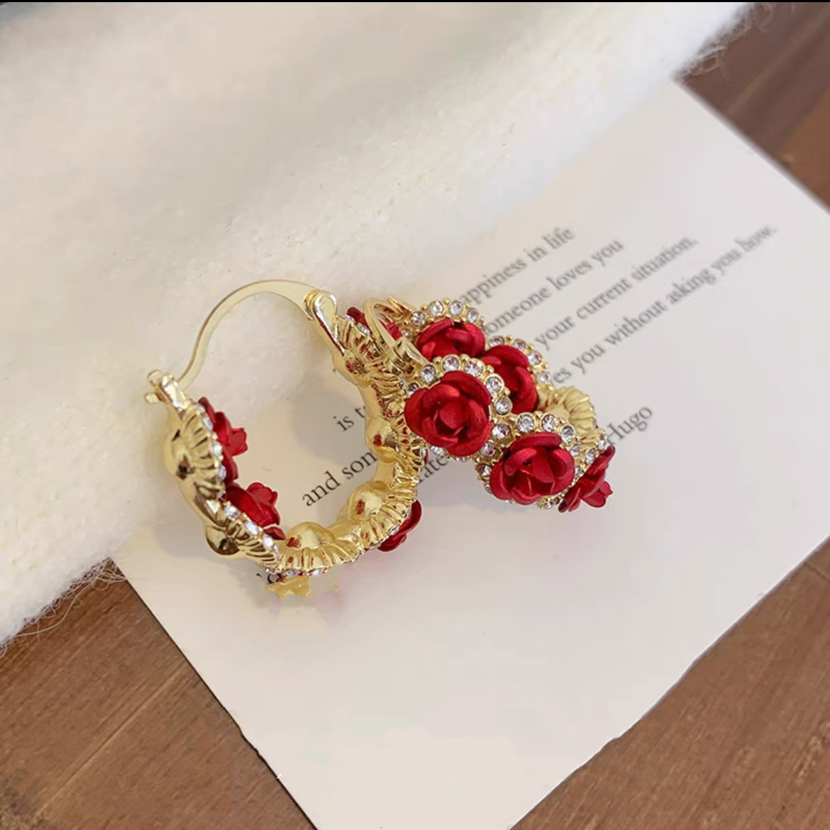 合金合成锆石耳饰 （1175）小众轻奢红色玫瑰花耳环