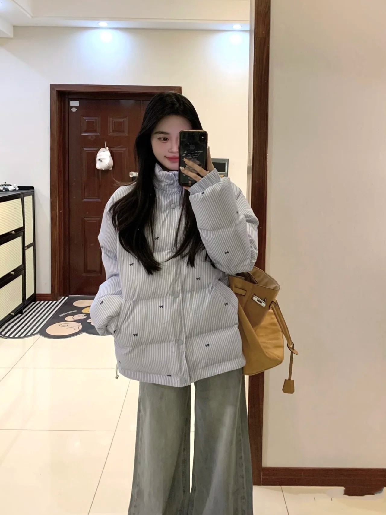 美式条纹蝴蝶结棉服外套女冬季新款小个子棉衣小众加厚保暖面包服