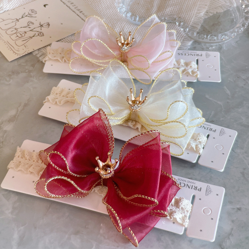 韩版高级感皇冠金边纱婴幼儿发带 蝴蝶结超仙护脑门宝宝发饰头饰