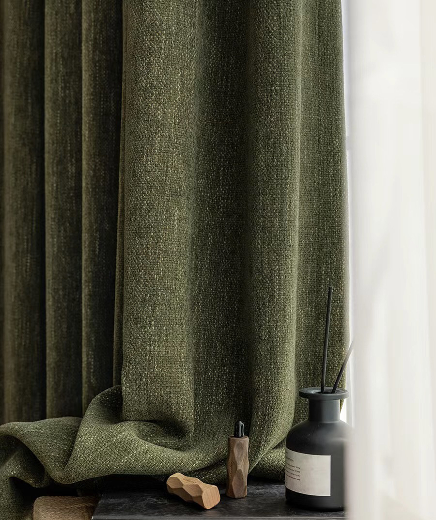 中古风复古轻法式南洋美式橄榄绿美拉德窗帘加厚雪尼银灰卧室杏色