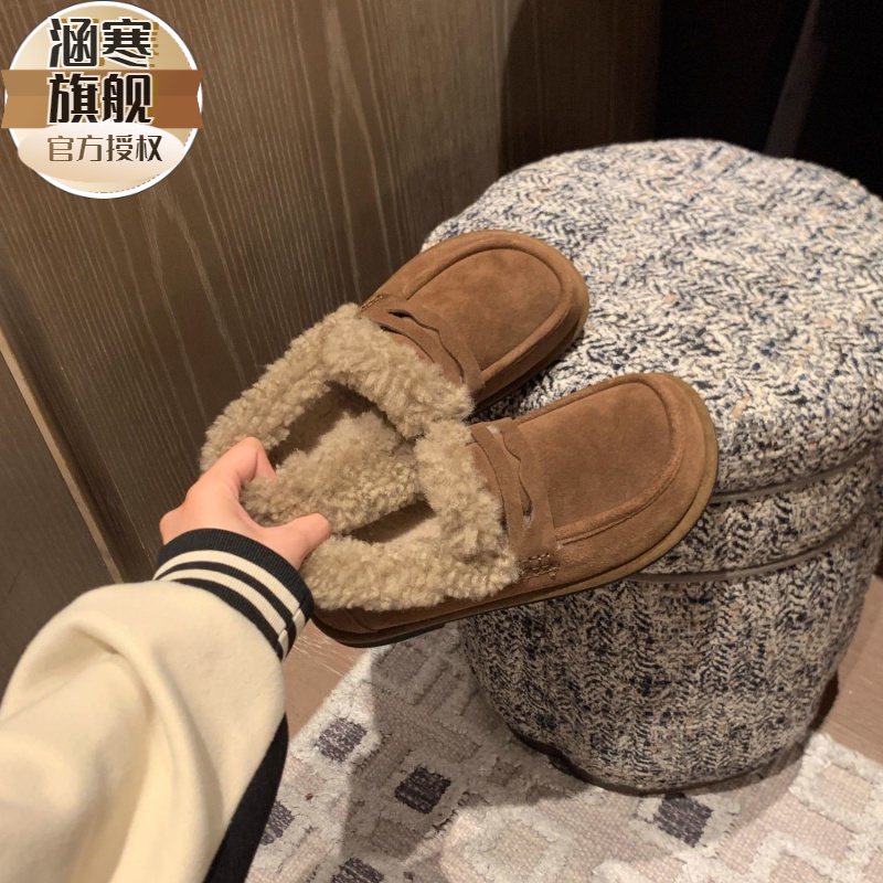 2023秋冬新款乐福鞋 英伦复古勃肯鞋女休闲平底毛毛加绒保暖棉鞋
