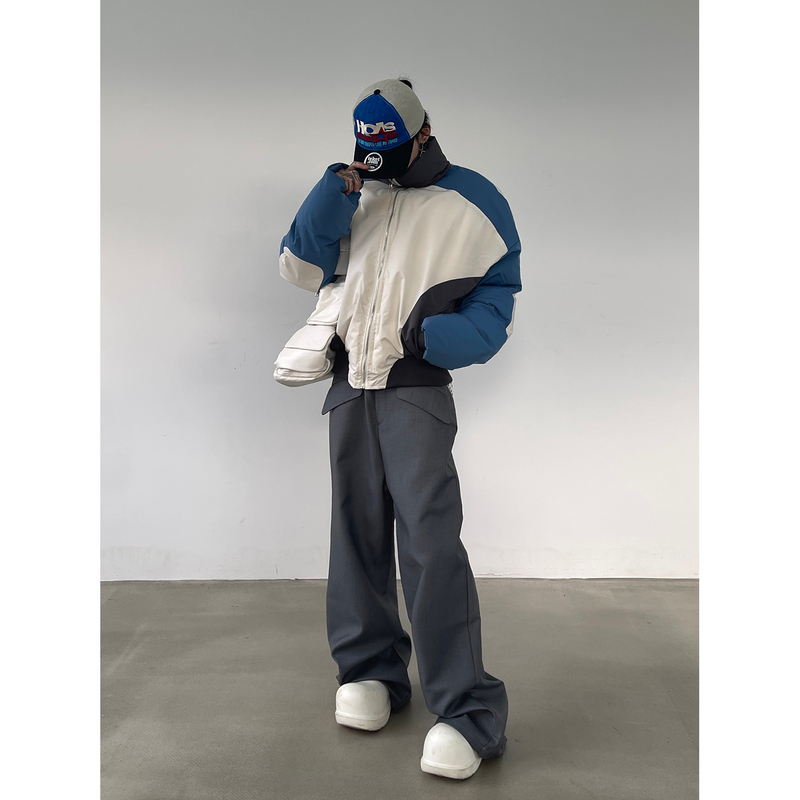 cityboy美式拼色解构设计款短款棉服拼接三色高领拉链棉衣外套男