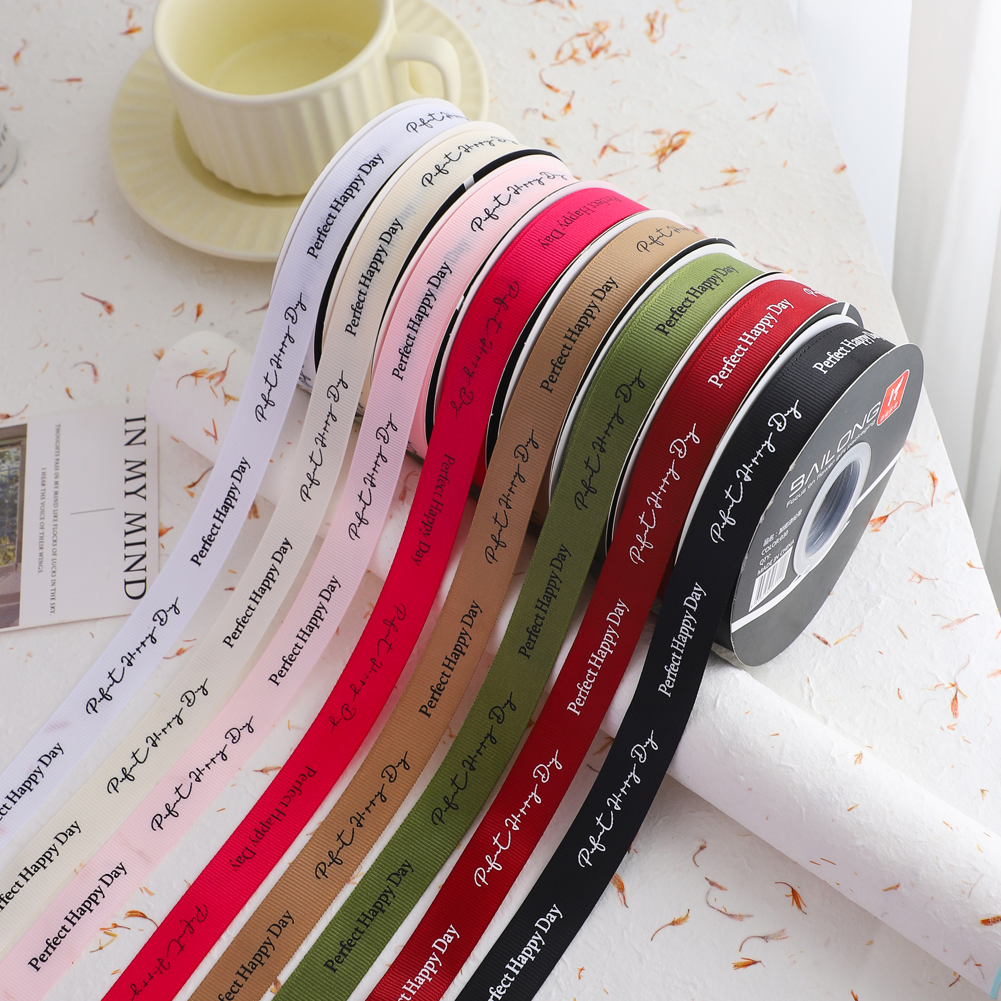 2cm快乐每一天螺纹丝带 蝴蝶结扎带花艺礼品丝带 鲜花包装材料 