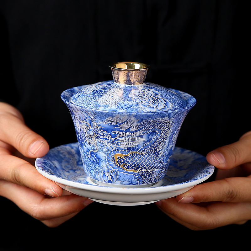 龙腾盛世悬停盖碗大号三才泡茶碗高档礼品功夫茶具手工陶瓷敬茶碗