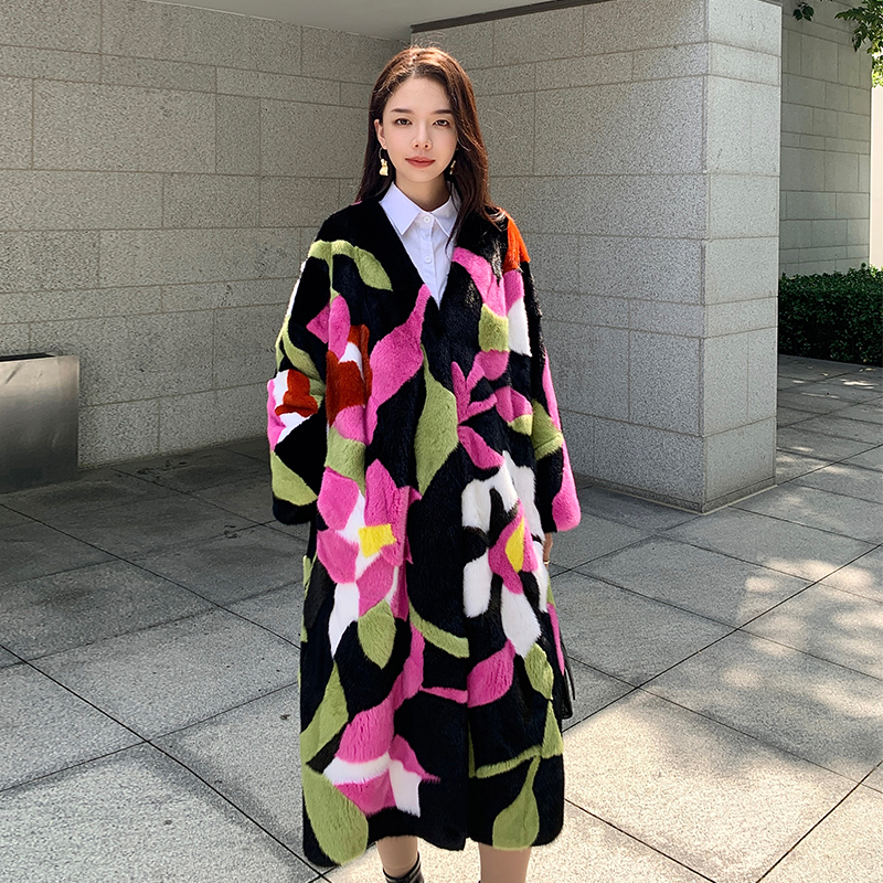 【c2】2023进口天鹅绒水貂皮草外套长款抠花时尚整貂貂皮大衣女装