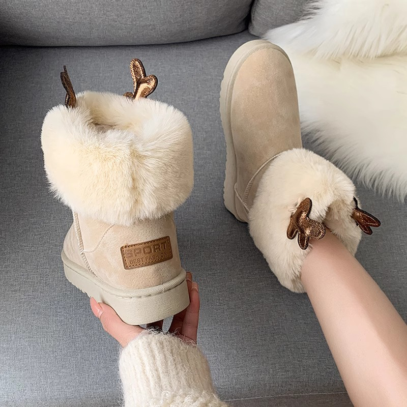 可爱鹿角雪地靴女2024年冬季新款加绒加厚短筒防水防滑毛毛短靴子