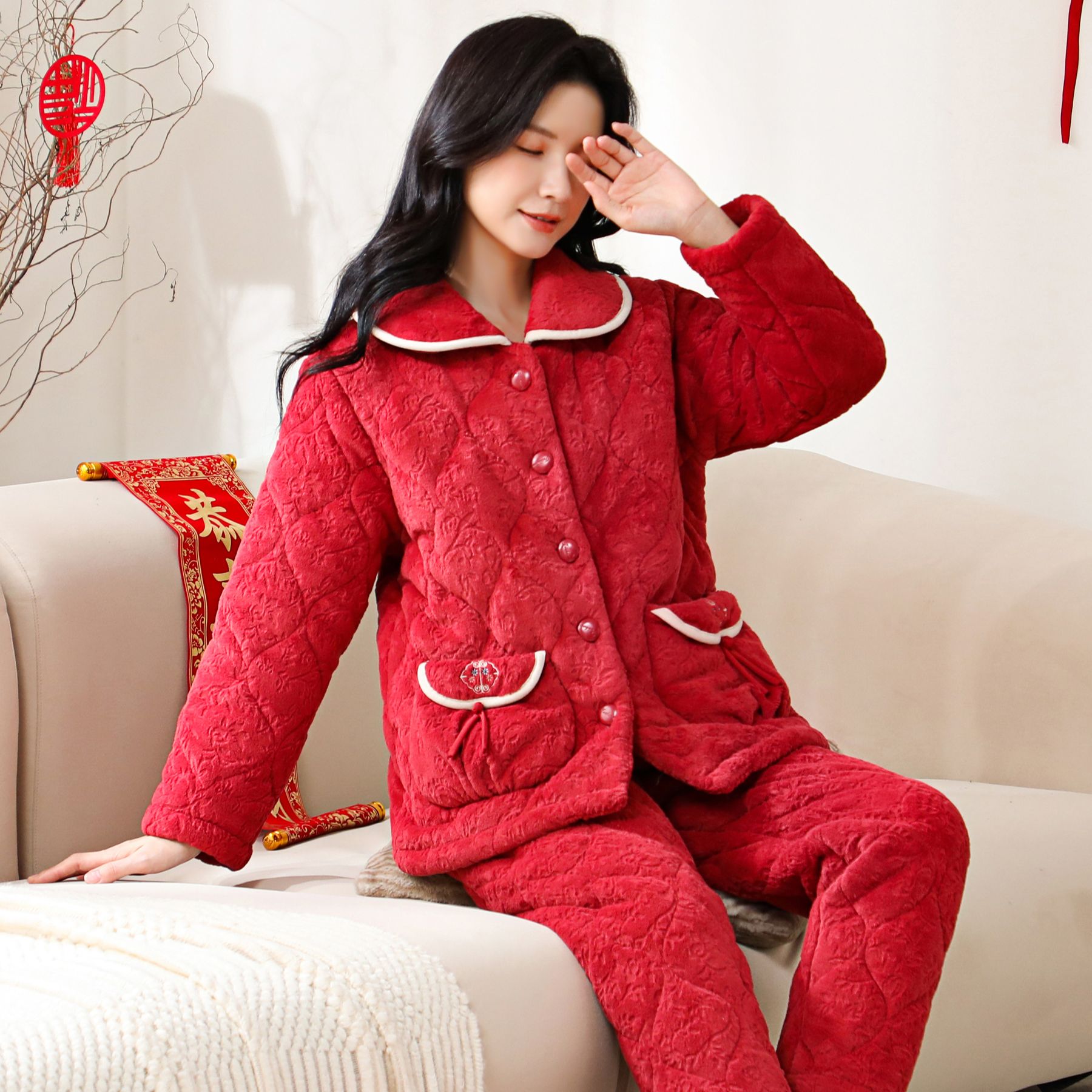 【金枝玉叶】冬季新款牛奶绒三层夹棉保暖睡衣女加厚加大码家居服