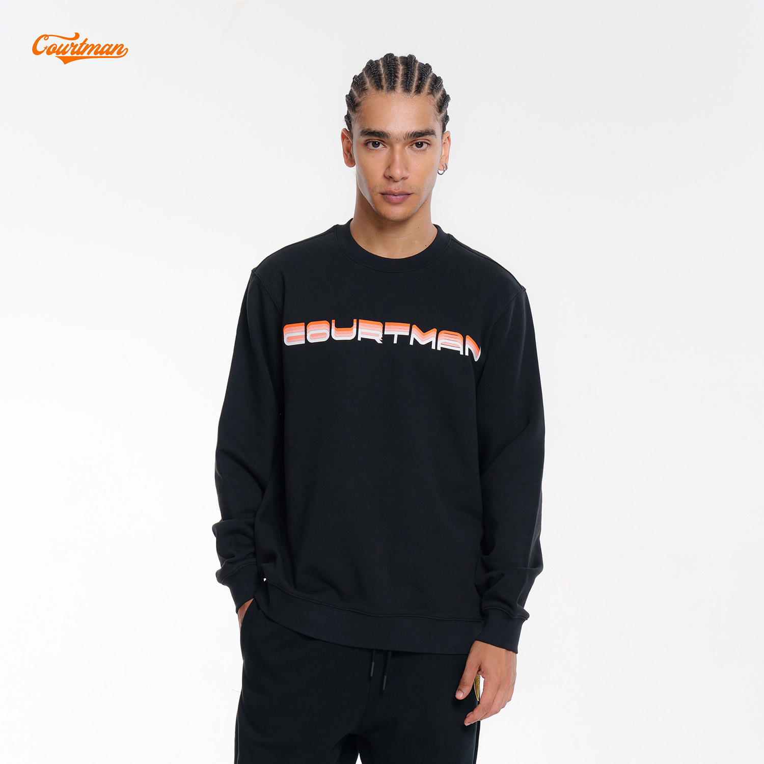 COURTMAN/野球帝叠影logo印花卫衣圆领卫衣日潮男女宽松外套上衣