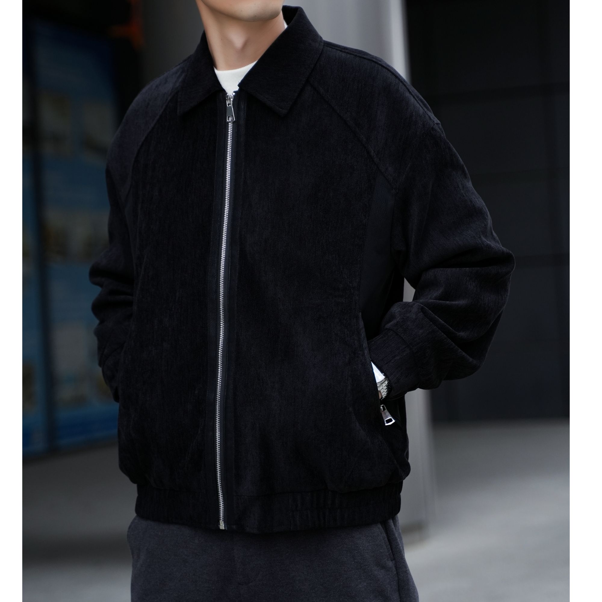 秋冬新款雪尼尔男士休闲皮夹克外套时尚