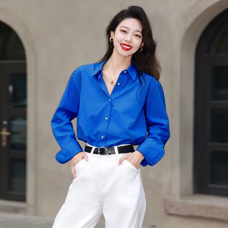 【韩版chic】克莱因蓝衬衣女 春秋宽松显瘦休闲衬衫 洋气宝蓝色衬衣