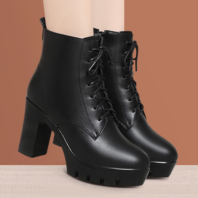 粗跟马丁靴女短靴女高跟厚底防水台2025新款圆头系带加绒皮靴