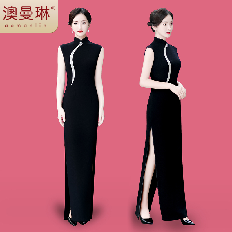 aomanlin/澳曼琳星光银丝带夏季气质复古新改良长旗袍模特演出服