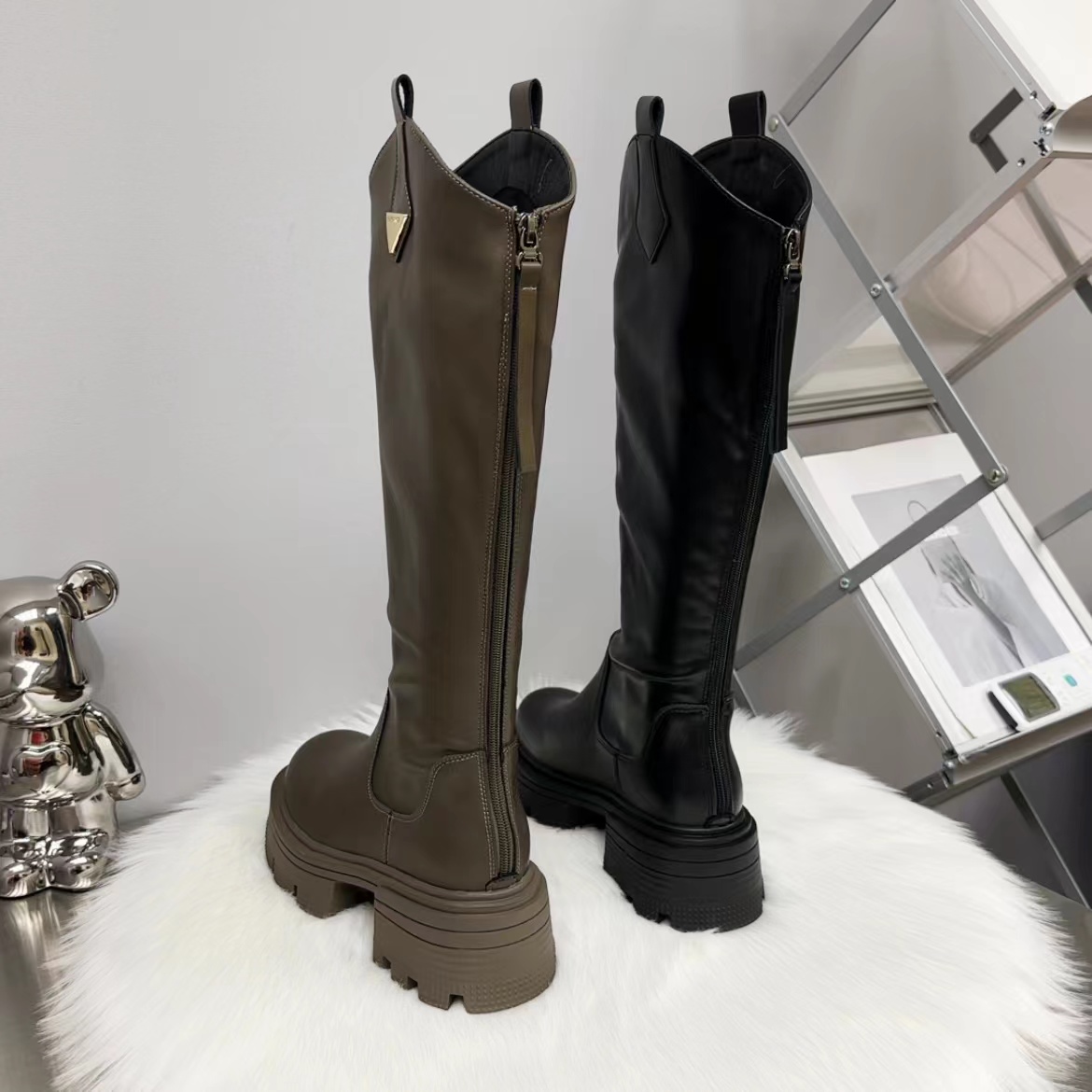 时尚百搭厚底靴子长筒靴秋冬长靴女真皮高筒靴加绒骑士靴不冬季