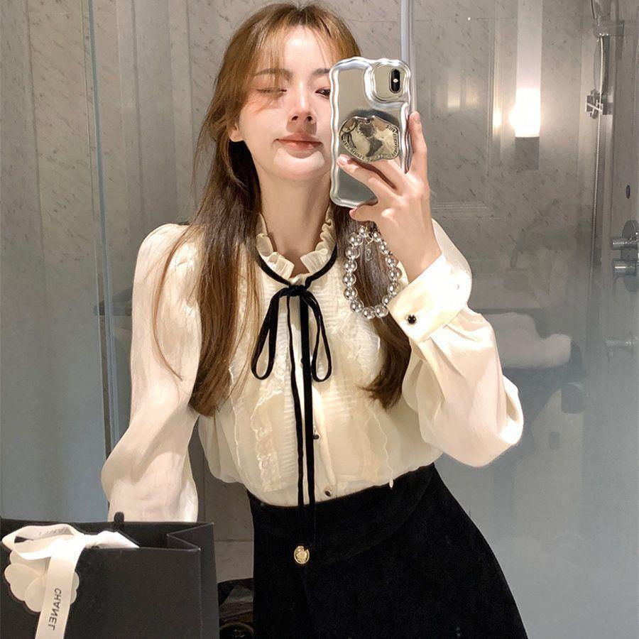 小香风内搭衬衫雪纺衫女小个子长袖木耳边打底衫蕾丝花边新款设计