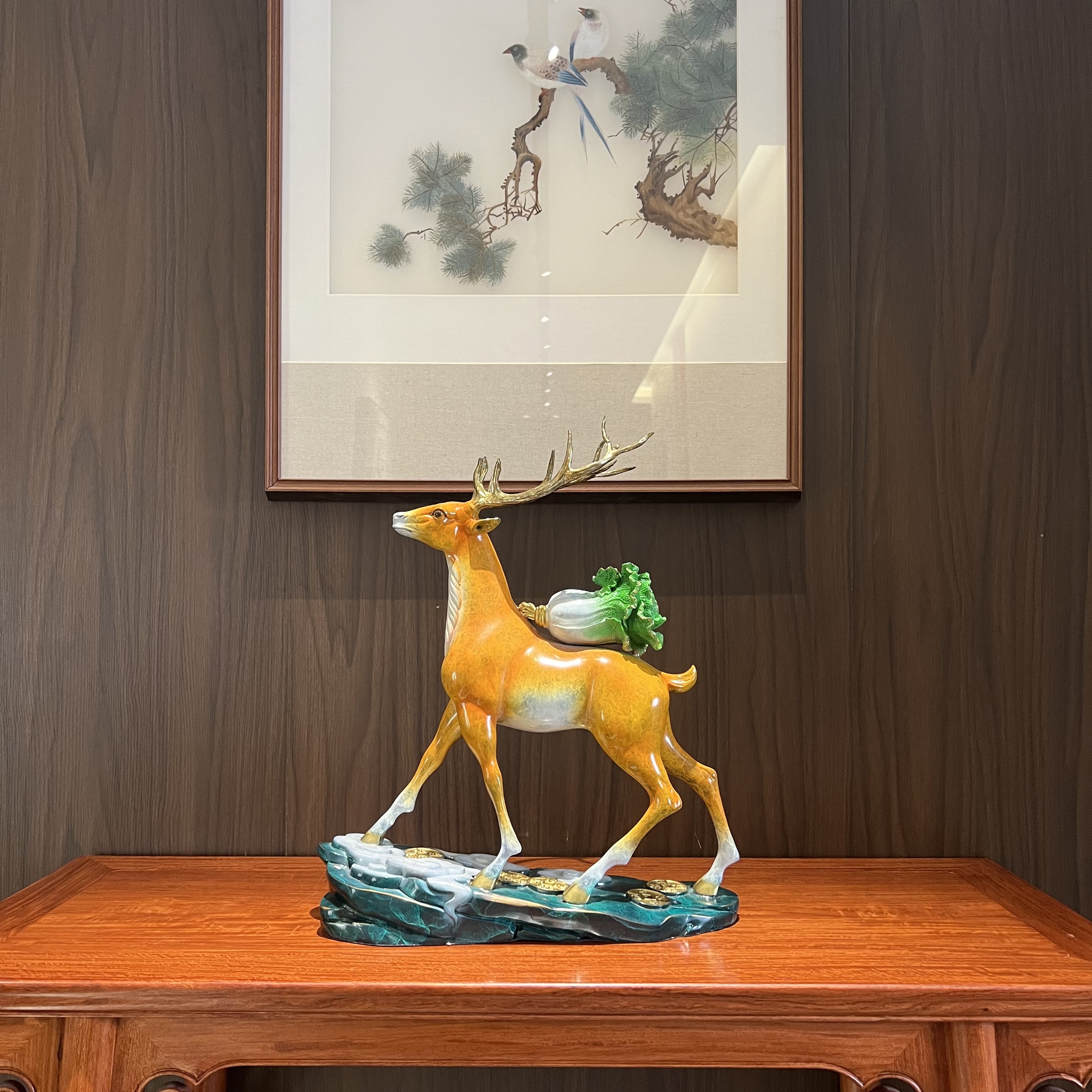 全铜摆件创意《手工鹿背白菜》轻奢玄关工艺品客厅摆件办公室装饰品