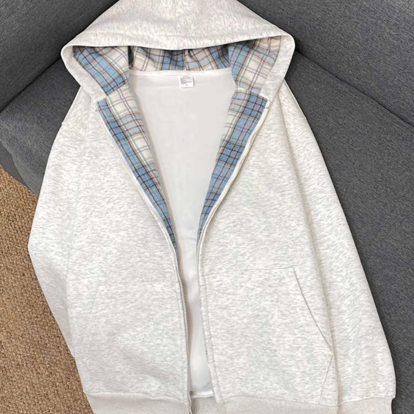 花灰色卫衣外套女秋冬季2025年新款韩系格子拼接连帽宽松休闲上衣