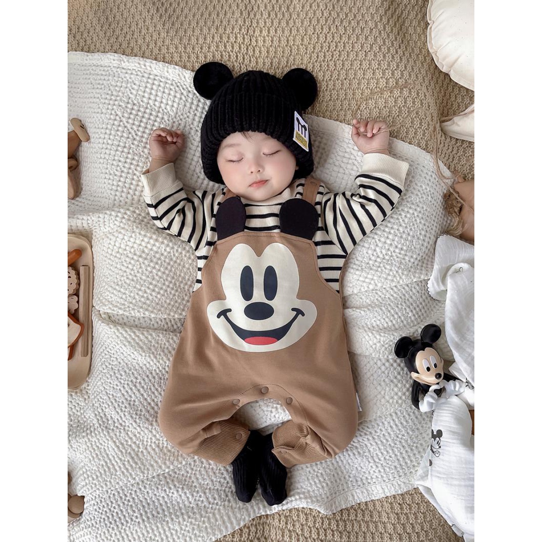 2023春秋新款婴儿卡通假两件长袖连体衣新生儿男女宝宝爬服外出服