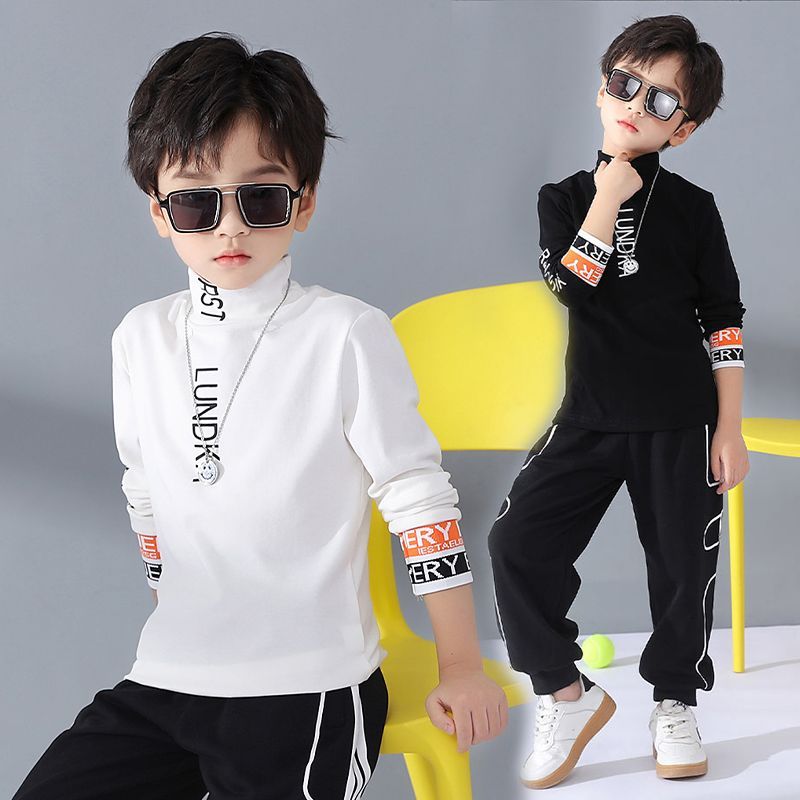 男童半高领打底衫秋冬装2023新款长袖体恤中大童德绒保暖内搭上衣