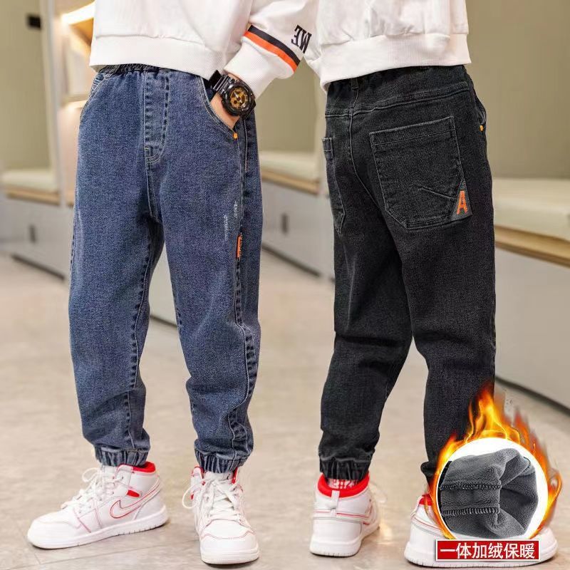 男童牛仔裤加绒秋冬款2023韩版新款中大童潮流裤子一体绒儿童长裤