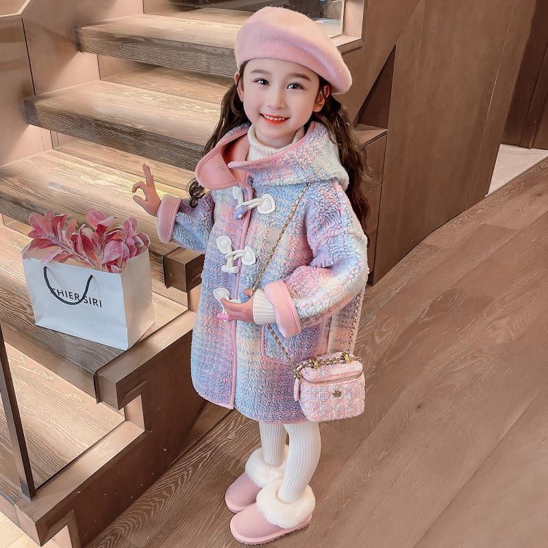 女童毛毛衣彩虹外套秋冬款儿童2023新款羊羔绒毛呢大衣女宝宝冬装