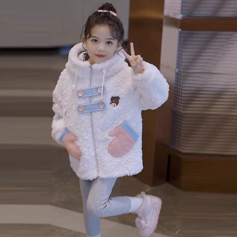 女童加绒加厚外套小女孩保暖连帽上衣2023冬季中大童两面穿毛毛衣
