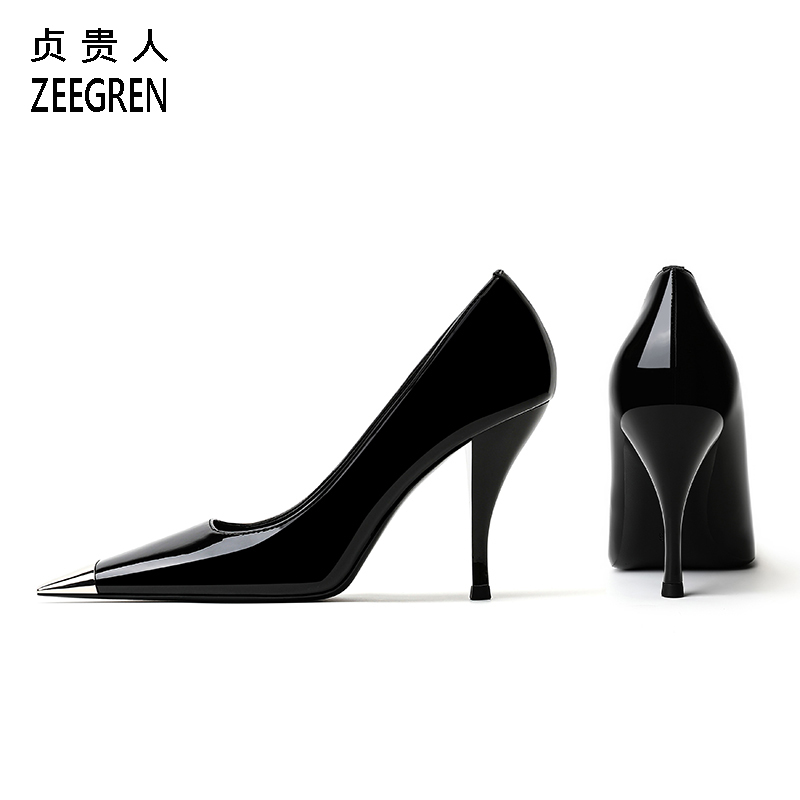 床上性感高跟鞋女春夏新款方头细跟单鞋设计感亮面漆皮英伦风皮鞋