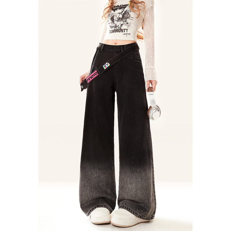 自然涩侧拉链渐变黑色牛仔裤高腰设计感宽松直筒阔腿裤女显瘦女孩