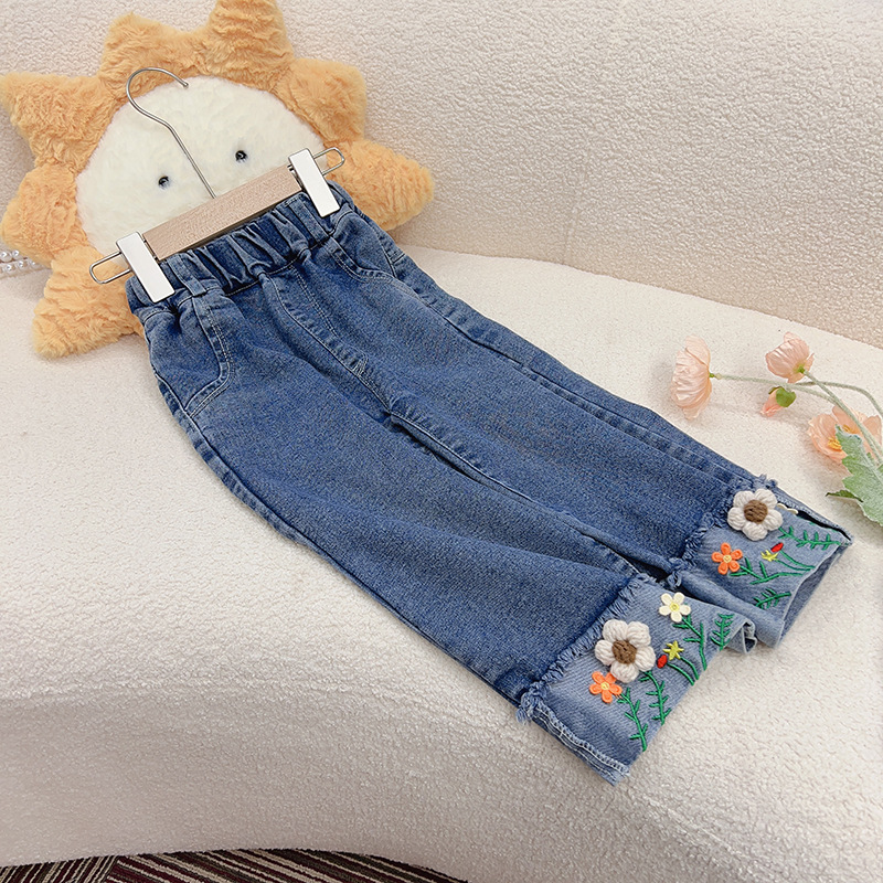 【随落】女童2023秋季新品儿童立体花朵牛仔裤宝宝外穿长裤春秋韩