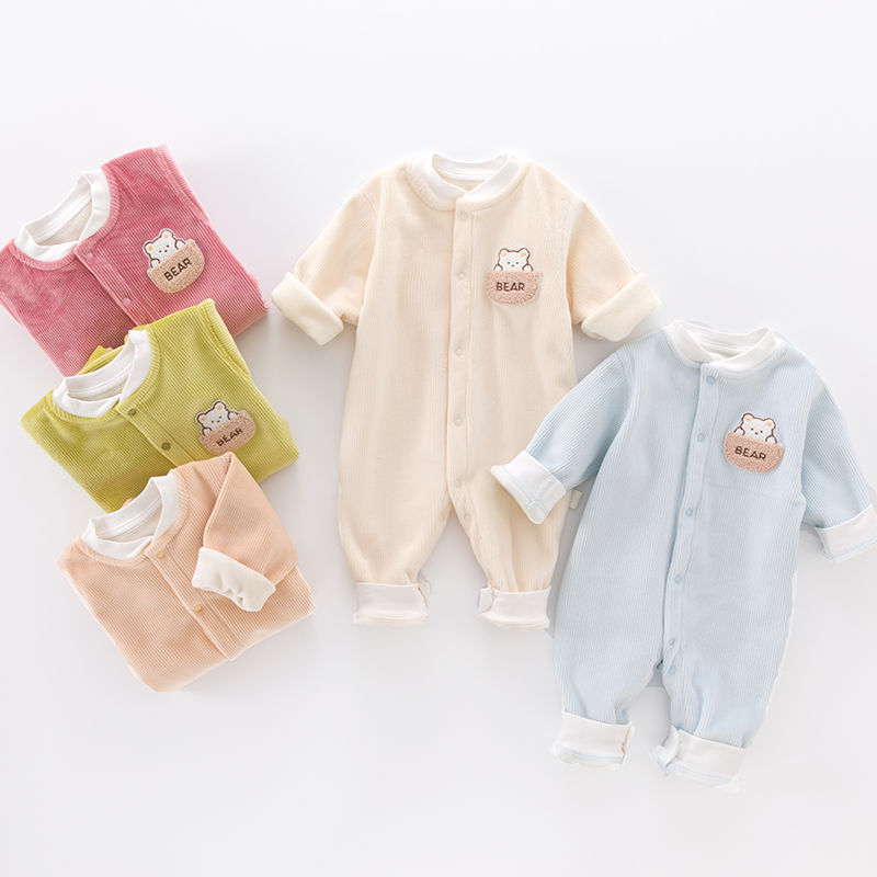 【随落】灯芯绒婴儿连体衣保暖加绒哈衣长袖秋冬季睡衣宝宝外