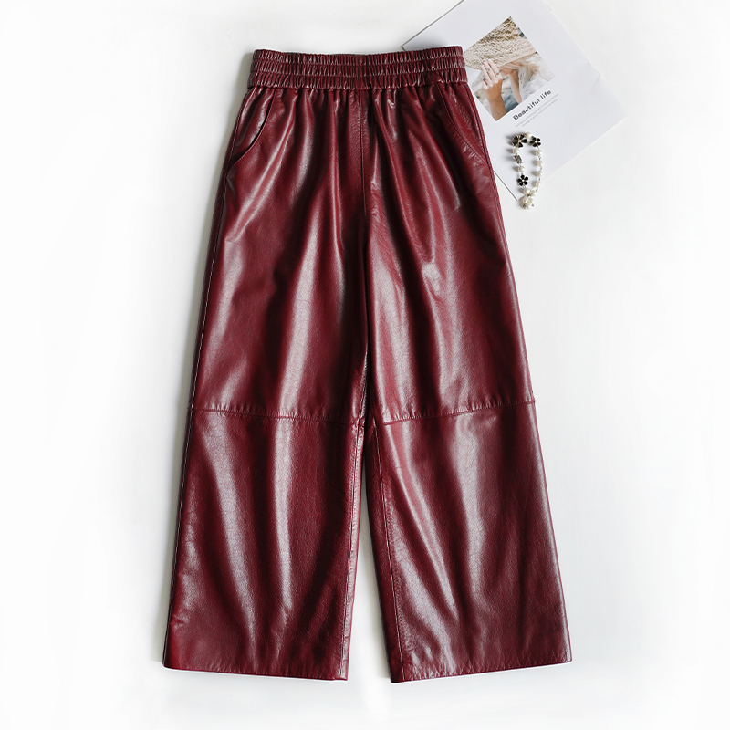 植鞣油蜡小牛皮真皮皮裤女士九分长裤阔腿裤海宁2025新款高腰显廋