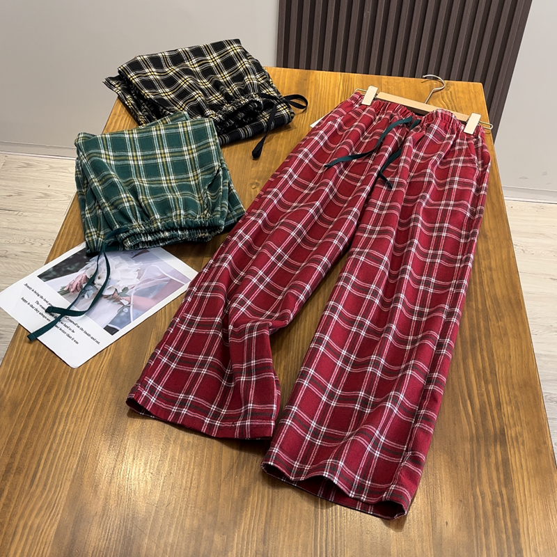 新品松紧腰抽绳休闲裤经典格子裤阔腿裤女
