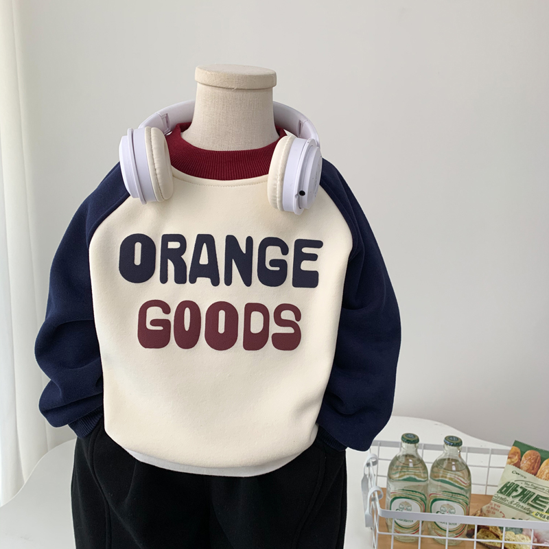 男童加绒卫衣秋冬2025韩版儿童时尚撞色插肩上衣中童休闲套头衫潮