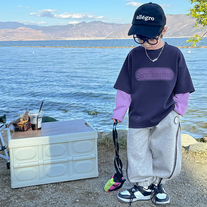 男童纯棉长袖2025新款假两件T恤秋装儿童春秋款白色上衣男孩秋季