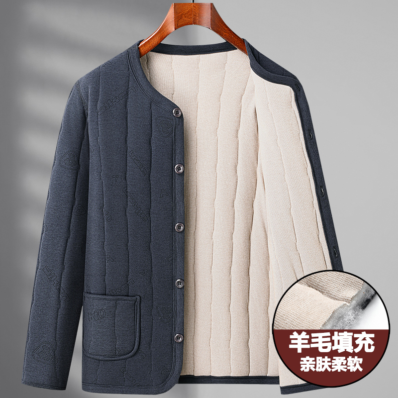 中老年三层夹棉秋冬开衫外套保暖爷爷装羊毛夹棉小棉服内穿小棉袄