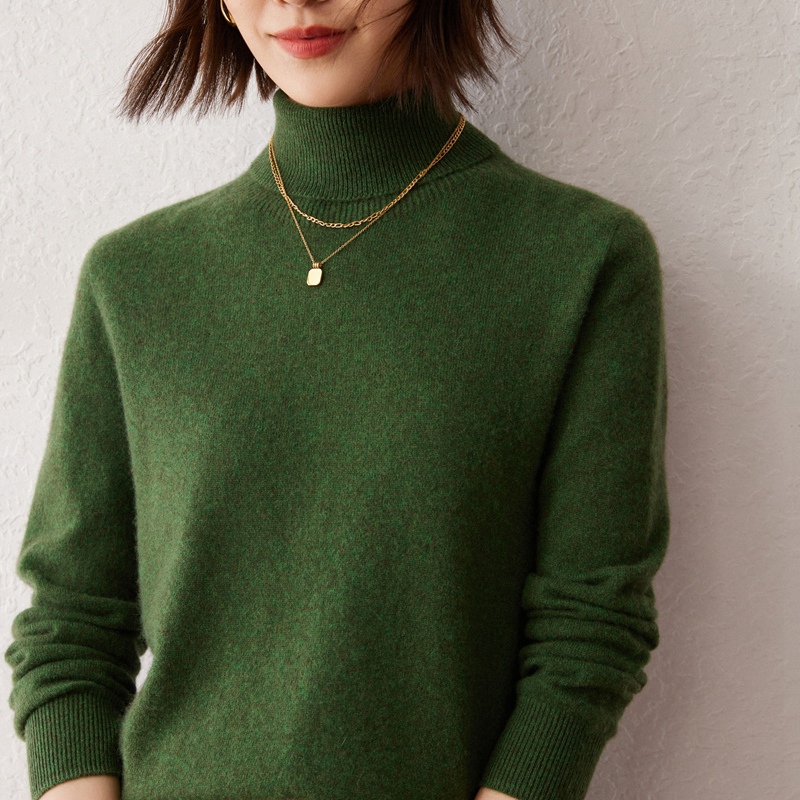秋冬女款纯山羊绒高龄宽松百搭加厚针织毛衣打底翻领纯色羊绒衫