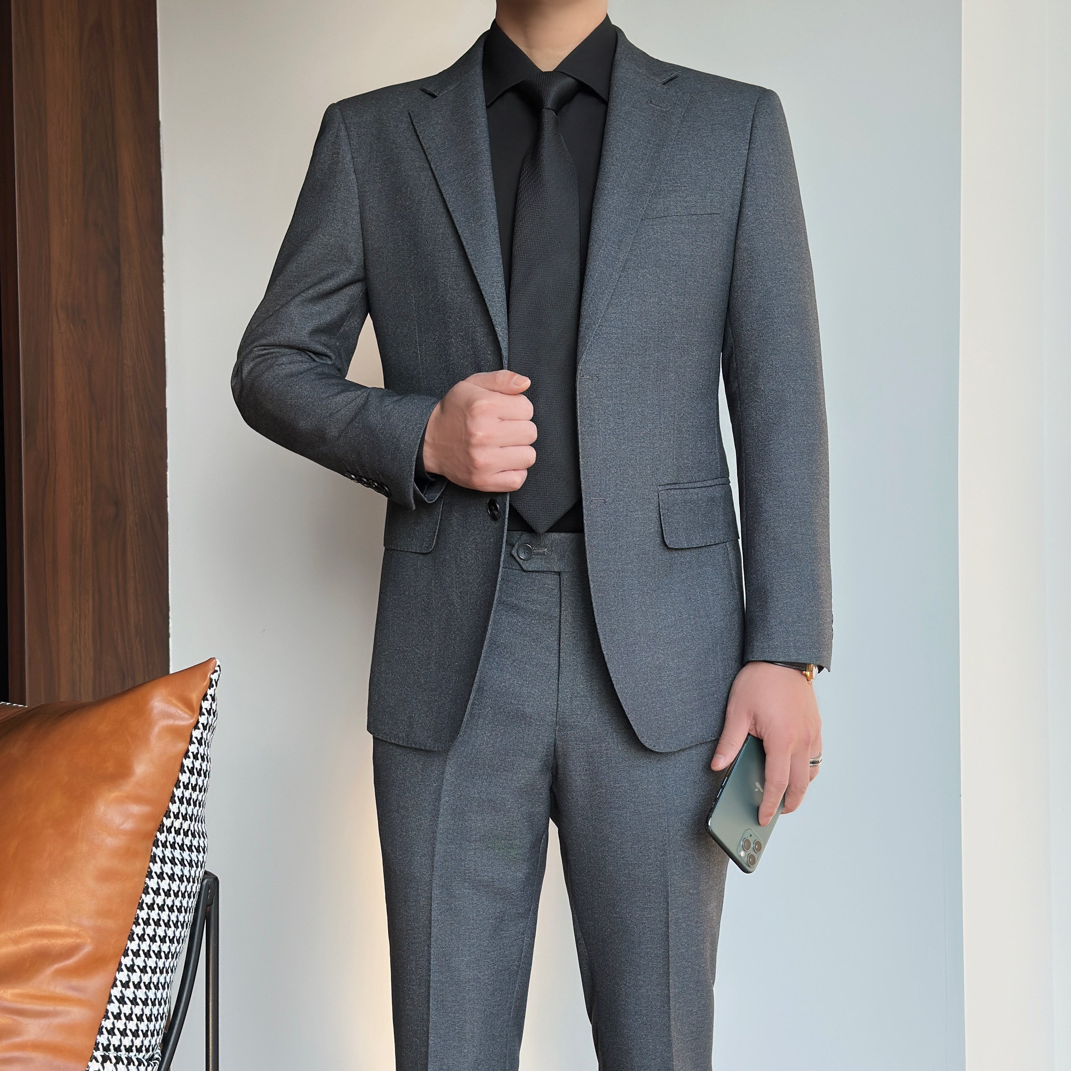 西服套装男士韩版修身合体商务休闲上班职业纯色正装套装青年秋冬