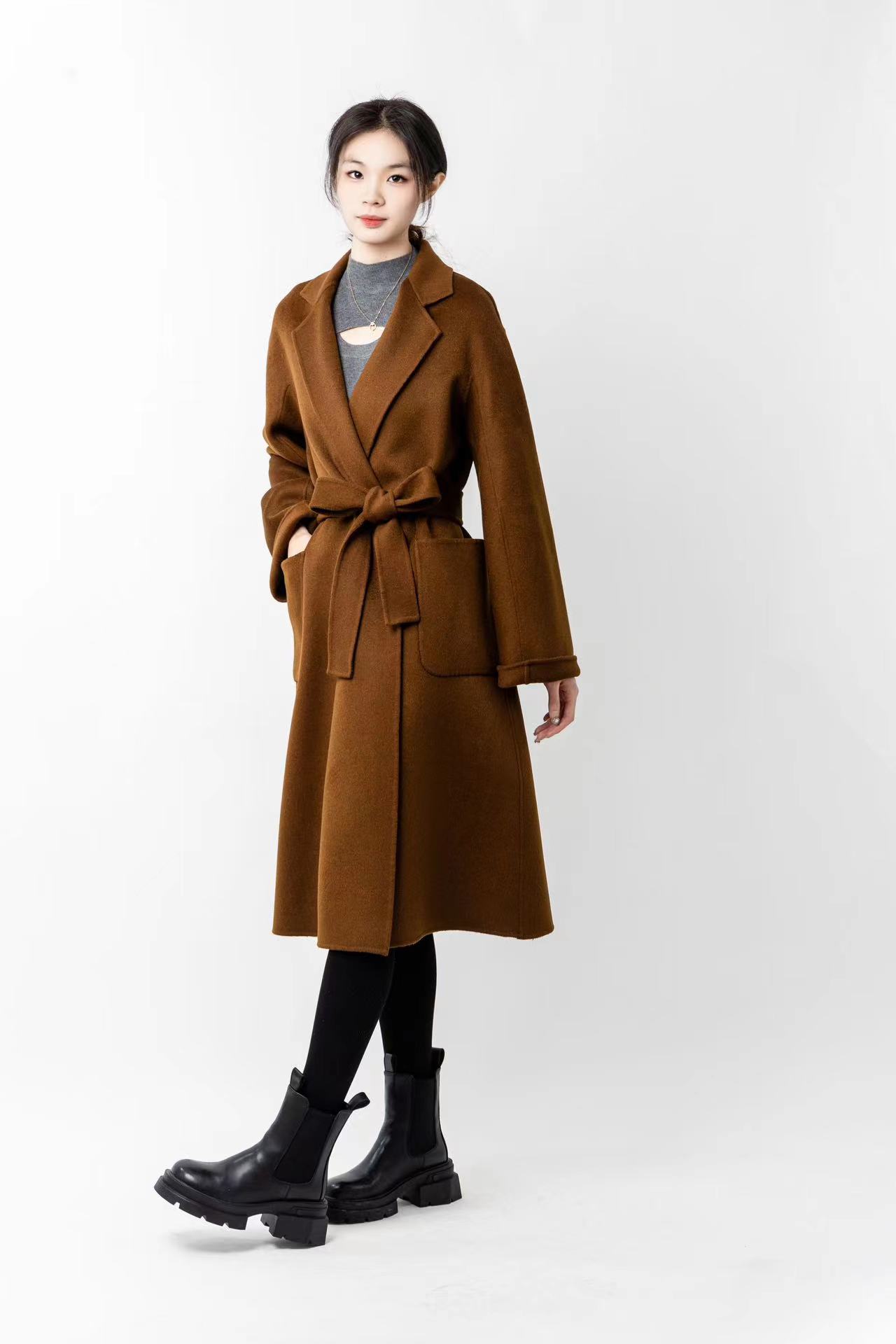 浴袍款双面纯手工缝制羊毛羊绒大衣