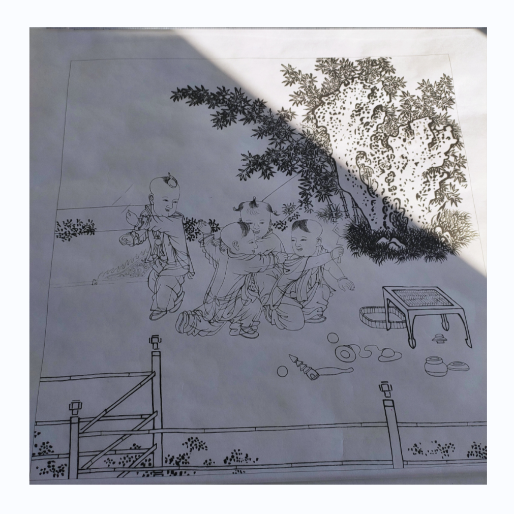 《小庭婴戏图》临摹专用微喷白描稿韩国绢高清喷绘彩图39.8-40.2cm
