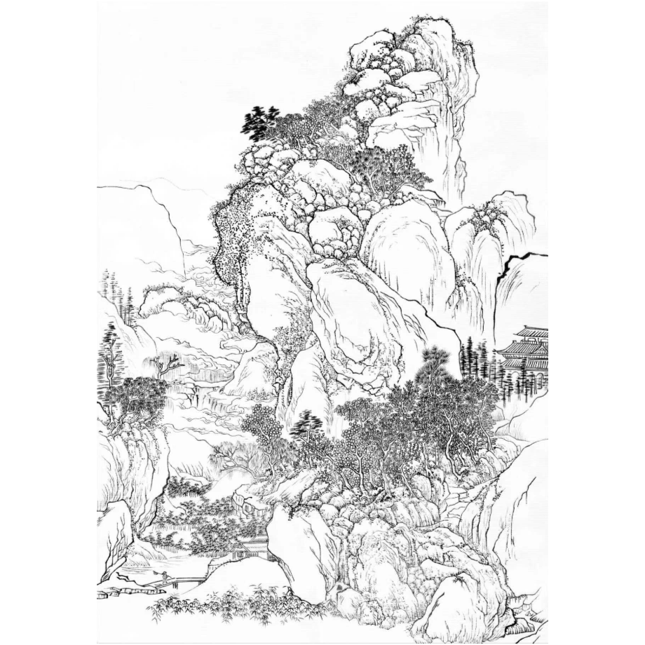 《翠嶺重云图》临摹专用微喷线稿韩国绢高清喷绘彩图58-40.8cm