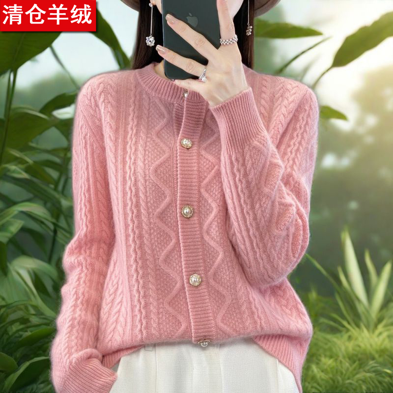 羊绒衫圆领时尚春装百搭女士针织开衫毛衣外套女