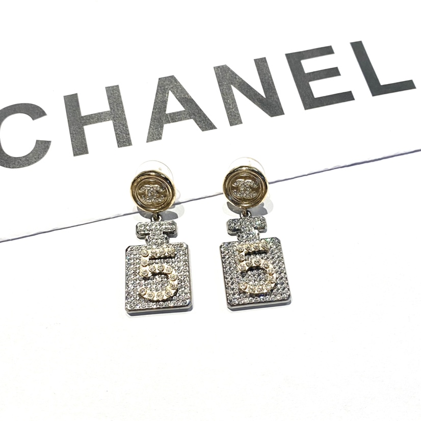 95新 Chanel/香奈儿 中古5号香水瓶双C莱茵石耳钉/CJ41052