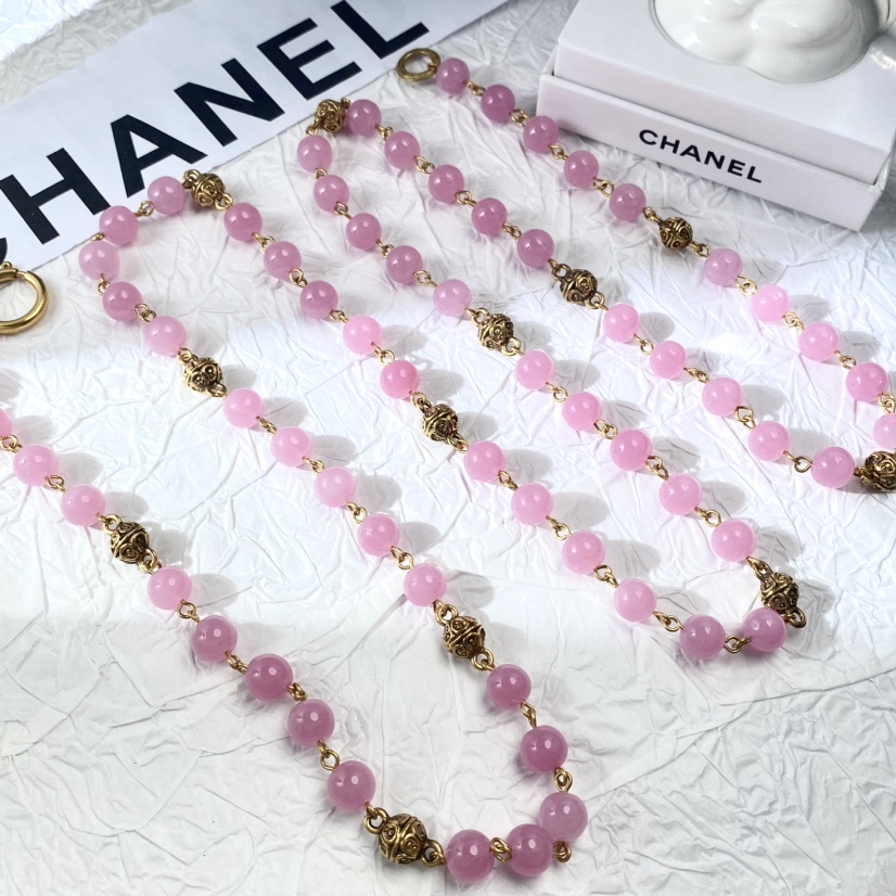 95新 Chanel/香奈儿 中古粉琉璃金球项链/MJ41136