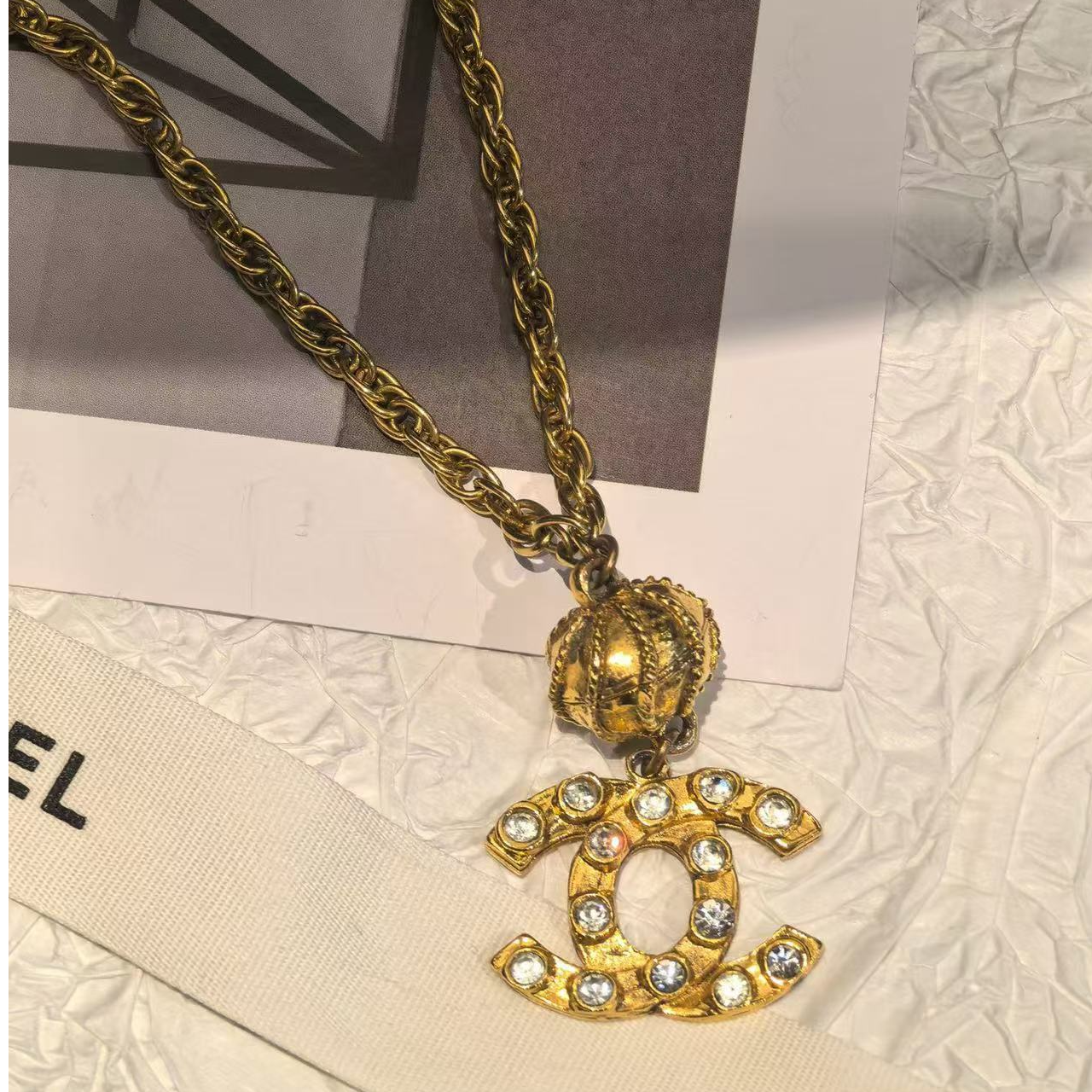 95新 Chanel/香奈儿 中古素金莱茵石双C项链/CJ41264